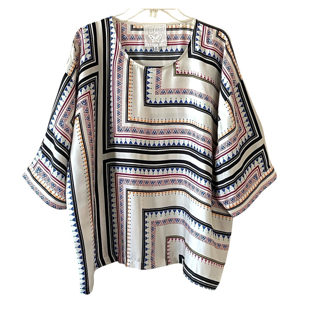 JADE by JOHNNY WAS Arden Size Medium Oversized Geo Print Pullover Silk Blend Top - Picture 2 of 9